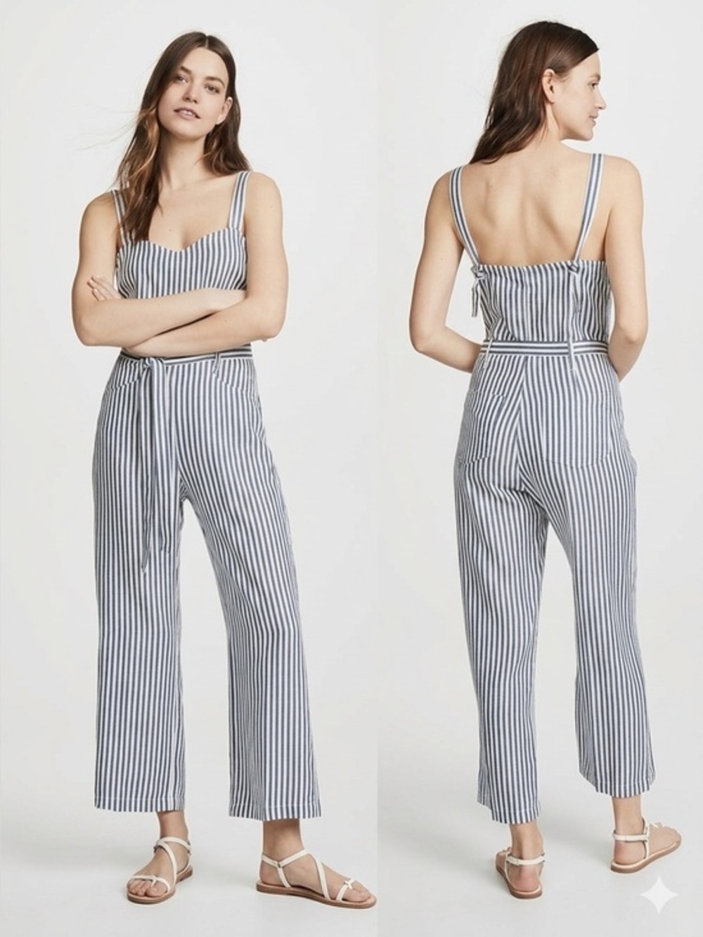 Paige Emma Navy White Striped Wide Leg Belted Jumpsuit with Pockets Size Large